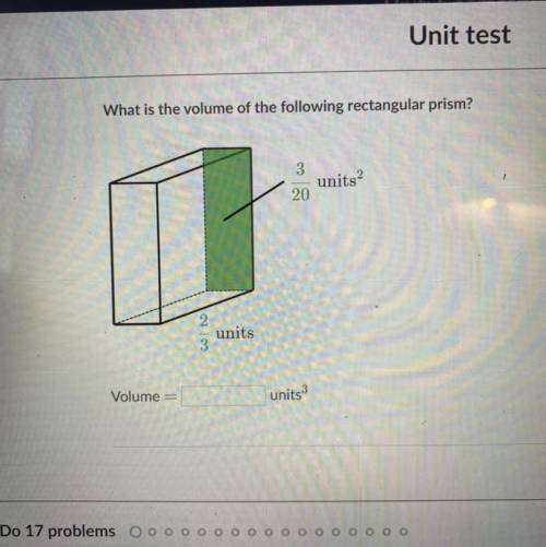 What is the volume of the following rectangular prism?

3
20
units2
2.
units
3
Volume
units
-