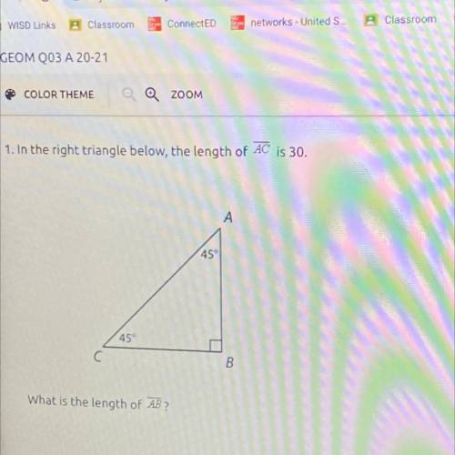 In the right triangle below, the length of AC is 30.

15-2
2
45
O
152
153
2
45°
С
B
153
What is th