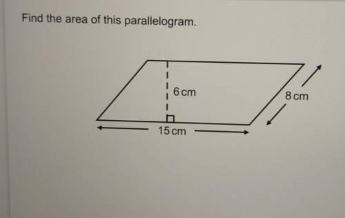 Find the area of this parallelogram.6 cm8 cm15 cm​