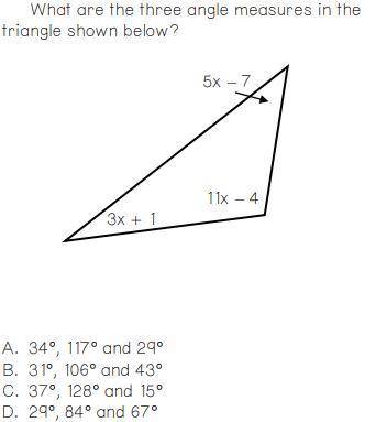 What are the 3 angle measures in the triangle shown below