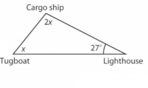 The angle between the lines of sight from a lighthouse to a tugboat and to a cargo ship is 27°. The