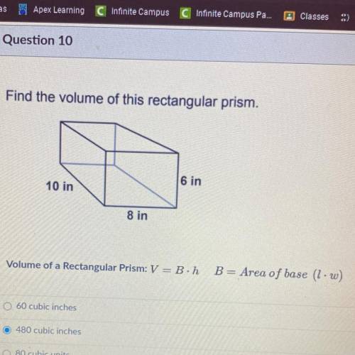 Find the volume of this rectangular prism

A. 60 cubic inches
B. 480 cubic inches
C. 80 cubic inch