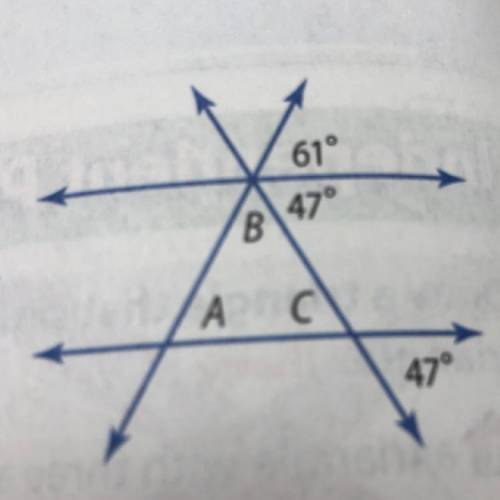 Triangle ABC is formed by two parallel lines and two other intersecting

lines. Find the measure o