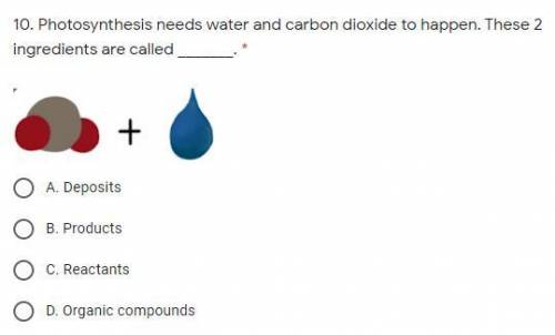 Photosynthesis needs water and carbon dioxide to happen. These 2 ingredients are called _______.