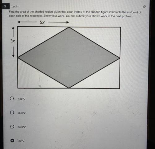 Geometry please help-

Find the area of the shades region given that each vertex of the shades fig