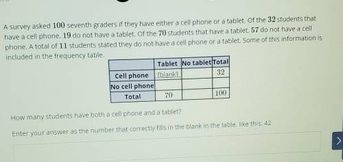 Please help.

A survey asked 100 seventh graders if they have either a cell phone or a tablet. Of