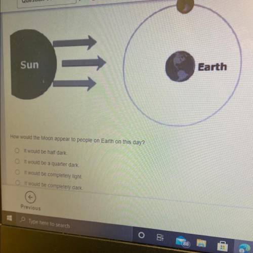 Sun

E
Earth
How would the Moon appear to people on Earth on this day?
It would be half dark
It wo