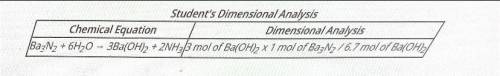 URGENT! The table shows a chemical equation and the dimensional analysis used by a student to calcu