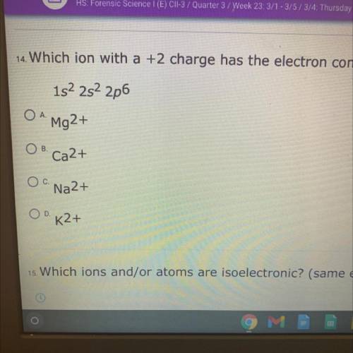 Which ion with a +2 charge has the electron configuration?
1s2 2s2 2p6