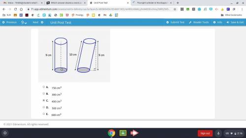 The right cylinder in the diagram has a volume of 450 cm3. The other cylinder has a slant length of