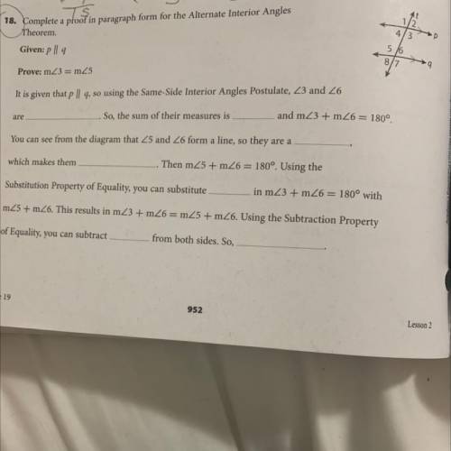 Complete a proof in paragraph form for the alternate interior angles theorem