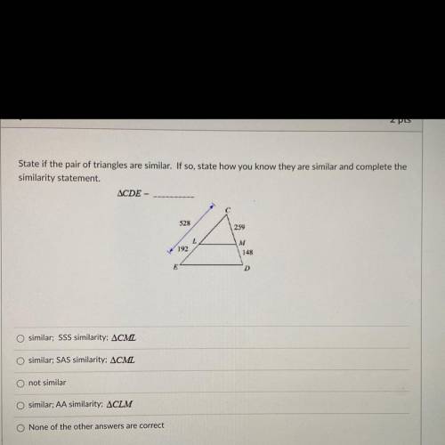 State if the pair of triangles are similar. If so, state how you know they are similar and complete