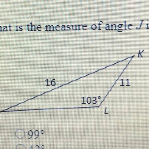 13. What is the measure of angle J in the triangle below? Drawing is not to scale. (1 point)

О 99