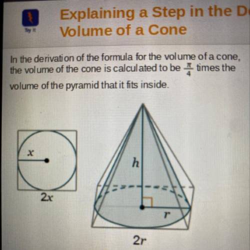 In the derivation of the formula for the volume of a cone, the volume of the cone is calculated to