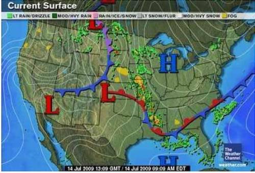 Look at the following image and explain why the row of storms is expected in the middle of the map.