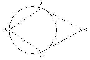 DA is tangent to the circle at A, and DC is tangent to the circle at C. Find m∠D for m∠B = 56. (The