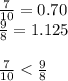 \frac{7}{10} = 0.70\\\frac{9}{8}  = 1.125\\\\\frac{7}{10}  < \frac{9}{8}