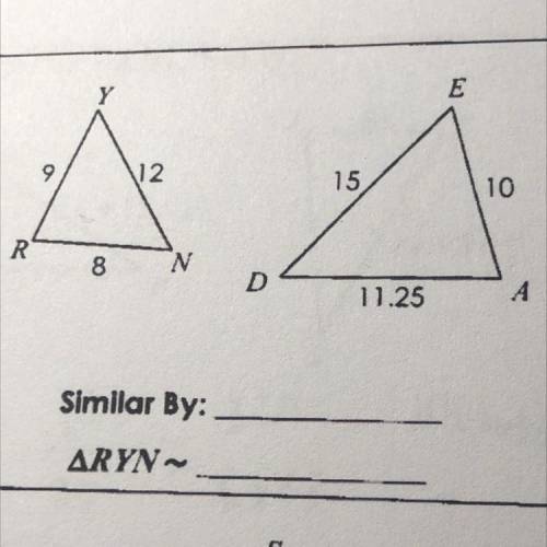 Determine if the triangles are similar. If yes, state how (by AA~ SSS~, or SAS~) and complete the s