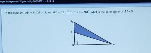 In the diaphragm AB=9 DB=5 and BC=12. if angle is 90 degrees, what is the perimeter of ADC​