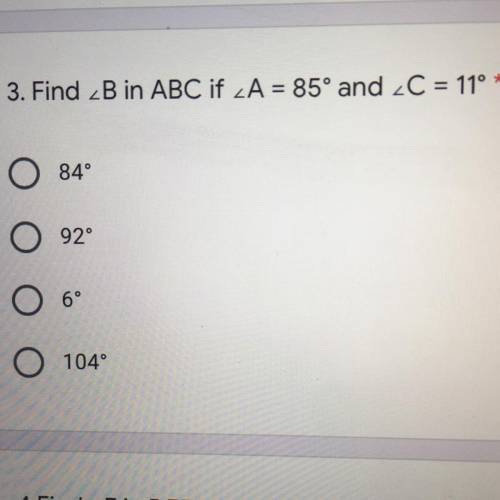 Find ∠B in ABC if ∠A = 85° and ∠C = 11°