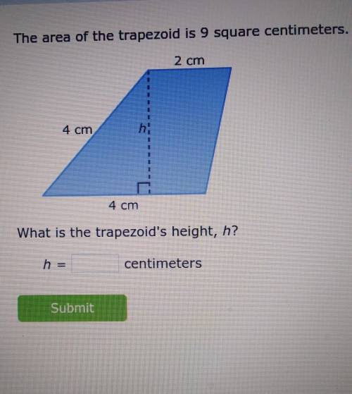 The area of the trapezoid is 9 square centimeters.

What is the trapezoid's height, h? h = ______