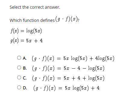 Which function defines (g * f)(x)?
f(x) = log(5x)
g(x) = 5x + 4