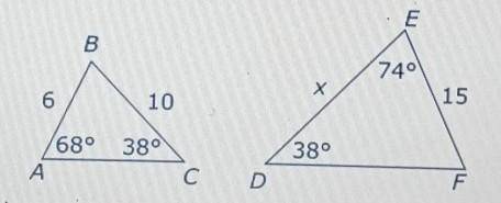 Given the two triangles shown, find the value of x.​