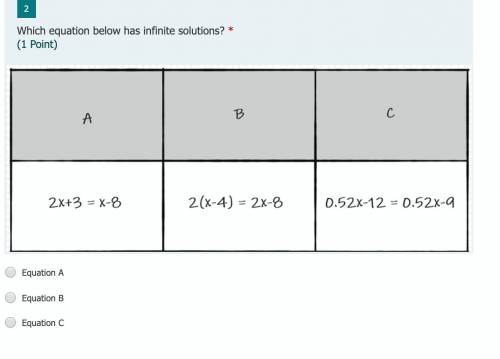 Which equation below has infinite solutions?
and please hurry it is due in an hour