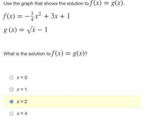 Use the graph that shows the solution to f(x)=g(x).

f(x)=−34x2+3x+1
g(x)=x√−1
What is the solutio