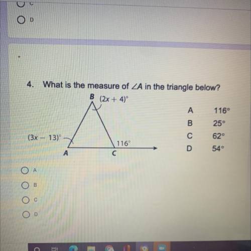 Help please! Which is the measure of A in the triangle below