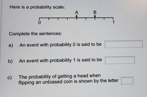 73%

Here is a probability scale:AB01Complete the sentences:a)An event with probability O is said