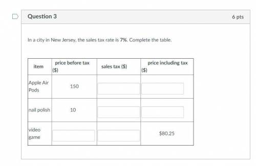 In a city in New Jersey, the sales tax rate is 7%. Complete the table.