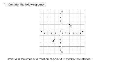 Consider the following graph.

Point A' is the result of a rotation of point A. Describe the rotat