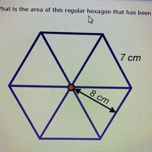 What is the area of this regular hexagon that has been divided into six congruent triangles?

336