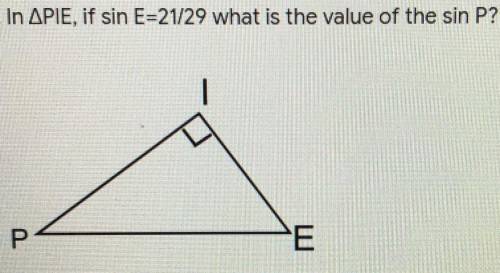 I need help fast please!!
In PIE, if sin E=21/29 what is the value of the sin P?