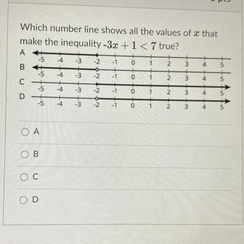 -2

Which number line shows all the values of x that
make the inequality -3x +1 < 7 true?
A
-5