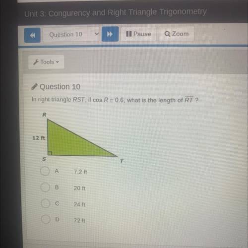 In right triangle RST, if cos R = 0.6, what is the length of RT?