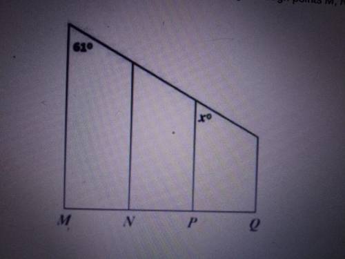 This figure shows parallel stair railings through points M, N, P, and Q. What is the value of x? (i