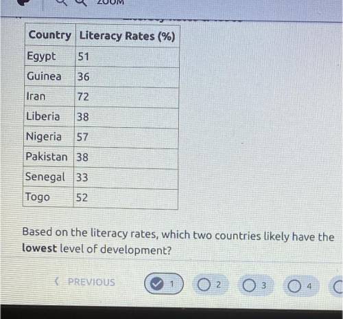 Based on literacy rates, which two countries likely have the
lowest level of development?