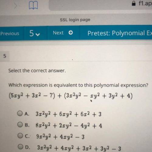 Which expression is equivalent to this polynomial expression?

(53y2 + 3x2 – 7) + (3x2y2 – xy2 + 3
