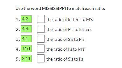 Use the word MISSISSIPPI to match each ratio.
(picture below)