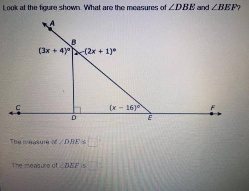 Look at the figure shown. What are the measures of ZDBE and BEF?