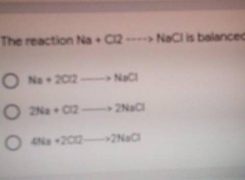 The reaction Na + Cl2 ----> NaCl is balanced in​