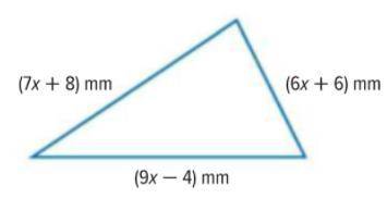 Write a linear expression in simplest form to represent the perimeter of the triangle. Then find th