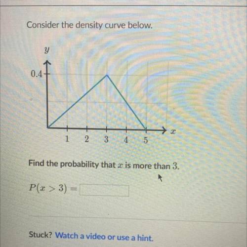 Consider the density curve below.

y
0.4
→ 2
1
2
3
4.
5
Find the probability that is more than 3.
