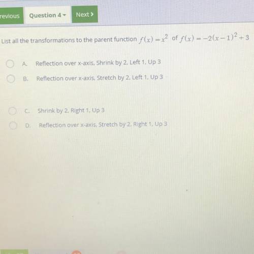 List all the transformations to the parent function f(x) = x2 of f(x) ==2(x - 1)2 + 3