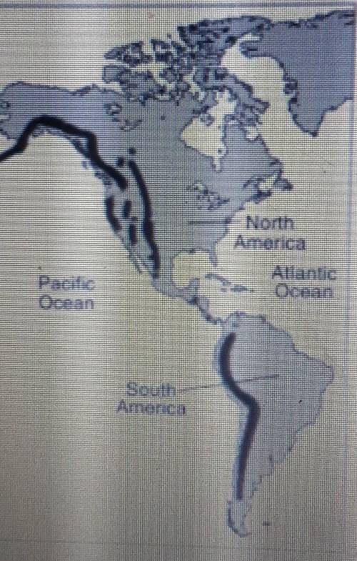 The map below shows dark bands that indicate long mountain ranges on the west coasts of North Ameri
