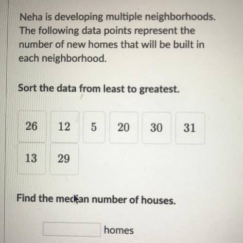 Neha is developing multiple neighborhoods.

The following data points represent the
number of new