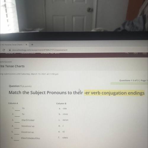 SPANISH PLEASE HELP 
Match the Subject Pronouns to their -er verb conjugation endings