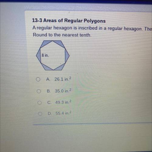 A regular hexagon is inscribed in a regular hexagon. The length of each side of the inside hexagon